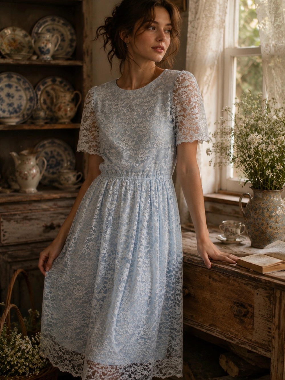 Vintage 80s Womens M/L Light Blue Lace Dress Prom Cottage Bridesmaid